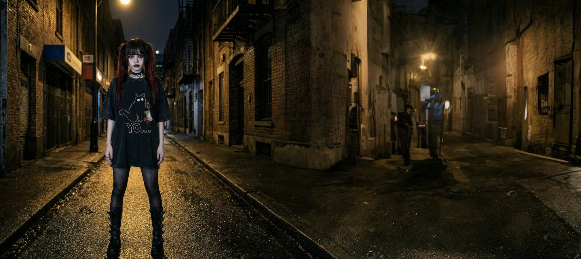 Woman wearing "YO..." cat shirt on a street at night